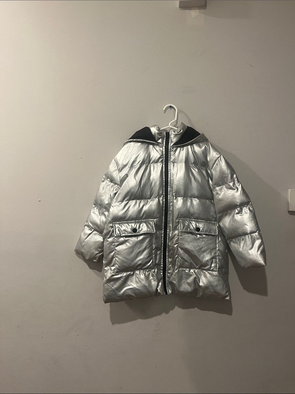 SHEIN Silver Metallic Puffer Jacket with Hood
